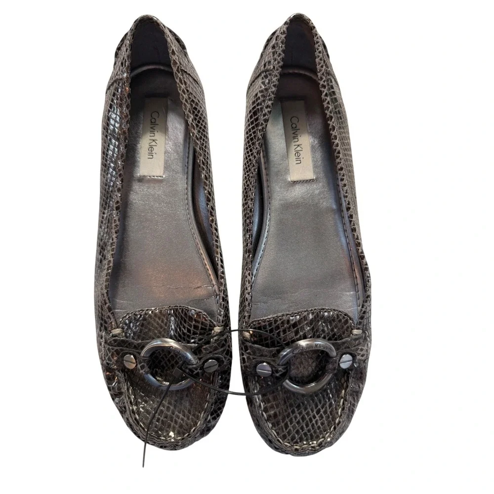 Calvin Klein Kelisa‎ Bronze Snakeskin Embossed Leather Loafers Flats E0266 7.5M